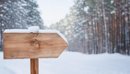 Naklejka premium Empty wooden signpost in snow. Travel destination, tourism. Blank wood pointer. Winter season.