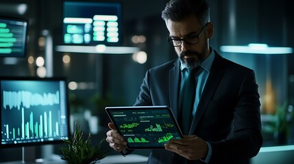 A business consultant in a well-lit office analyzing investment trends on a tablet with a green-themed user interface