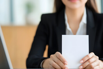 businesswoman holding blank card in front of laptop, dressed in formal suit, exuding professionalism and focus