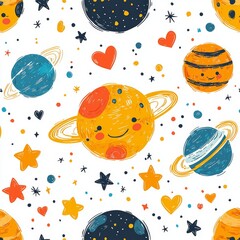 The image is accompanied by a description and keywords, showcasing a seamless pattern with a cute space theme that incorporates planets, stars, and hearts