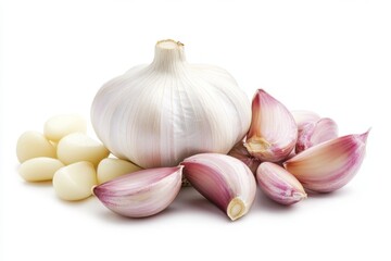 Obraz premium Fresh garlic bulbs and cloves isolated on white background, food photography