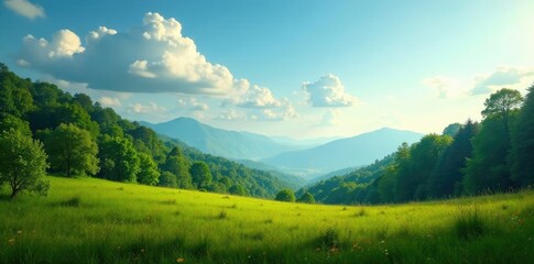 Obraz premium Earthy tones blending with sky and lush greenery, landscape, forest, natural