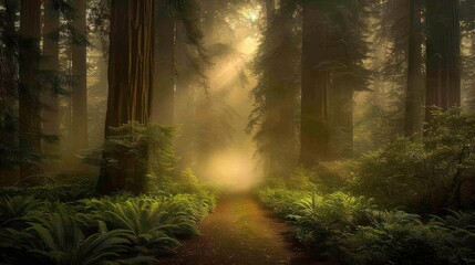 Fototapeta premium A serene forest path illuminated by soft sunlight filtering through tall trees.