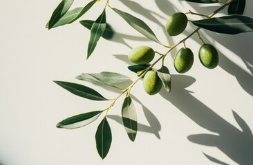 Olive branch, sunlight shadow, white background, food, nature