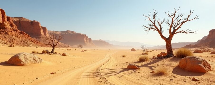 Dusty terrain with scattered rocks and barren trees in a desert landscape, barren, rugged