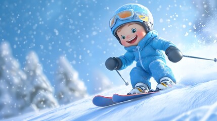 A cartoon child in a blue ski outfit, speeding down a snowy hill with a big smile