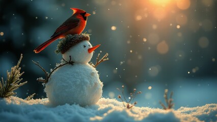 snowman in the woods with a cardinal