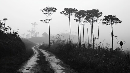 Obraz premium The serene mountain road winds through tall trees and dense green forests amidst misty weather