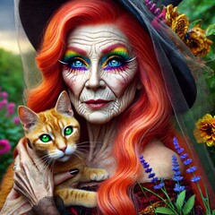 Womand dressed as witch with colorful make-up and cat