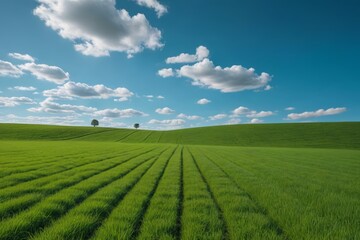Naklejka premium arafed field of grass with a lone tree in the distance