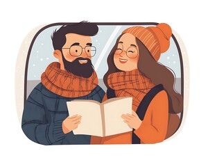 Couple reading map, winter travel