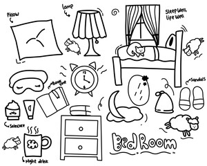 Set of Hand drawn doodle Set of Sleep Related. Sleeping drawing icons black and white 