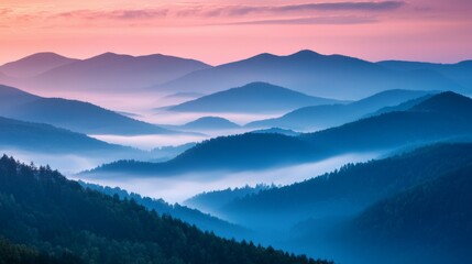 Obraz premium Serene Mountain Landscape at Sunrise with Misty Atmosphere