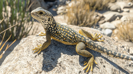 Naklejka premium lizard on desert rock, showcasing its vibrant scales and unique patterns. natural habitat adds to its beauty