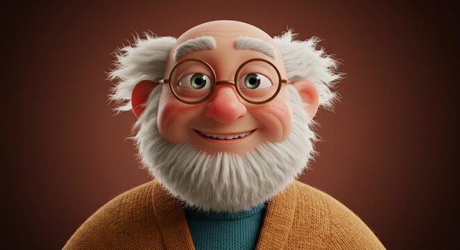 Smiling Cartoon Grandfather Portrait with Glasses and Warm Expression