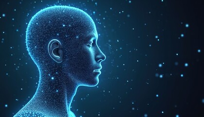 Digital representation of AI consciousness in cyberspace. Illuminated human head profile, side view. Virtual network, futuristic machine learning. Blue neon abstract cyber, computing tech, smart