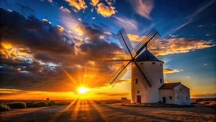 Dramatic summer solstice, mill's dark shape against sun.