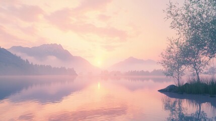Serene Sunrise over Calm Lake with Mountains in Soft Light