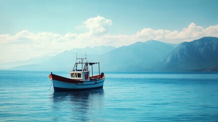 a small fishing boat on the serene blue sea, with majestic mountains in the background