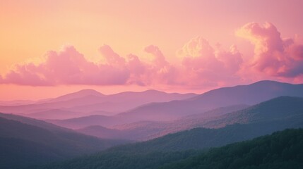 Fototapeta premium Serene Mountain Landscape Under Colorful Sunset Sky with Clouds