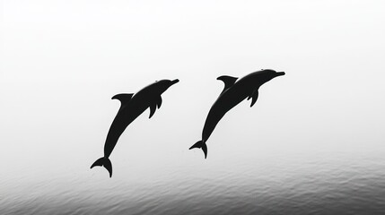 Naklejka premium Two dolphins jumping, ocean background, silhouette, wildlife, nature photography, use in greeting cards, posters