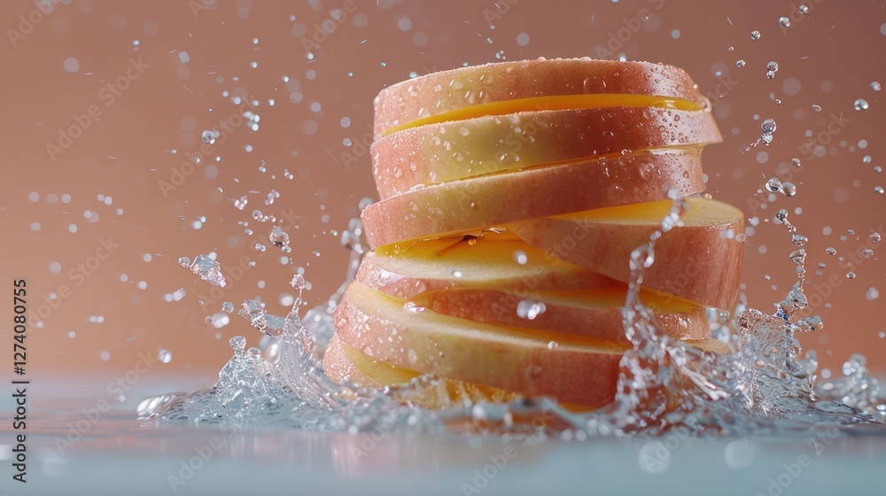 Poster sliced apples splashing into water, creating a dynamic and refreshing visual effect.
