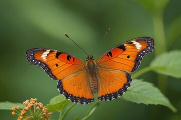 Fototapeta premium there is a butterfly that is sitting on a plant with green leaves