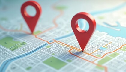 Digital illustration of location map with two red pins. AI tech in GPs, innovation delivery, future transport logistic route path. New office location concept. Navigation system, delivery service.