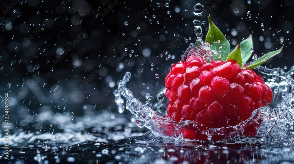 Poster A raspberry splashes in water, creating a dynamic and refreshing visual effect.