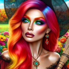 Witch with broom and colorful hair