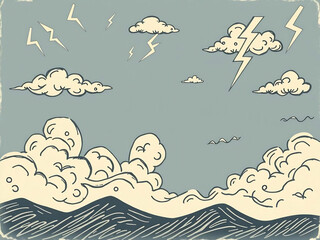 Stormy Sky Landscape Illustration with Vintage Texture