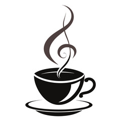 A modern, abstract composition where a coffee cup is surrounded by intricate, swirling steam patterns forming waves and loops silhouette vector art illustration  
