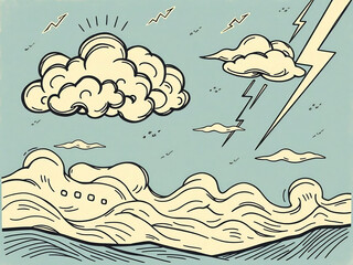 Fototapeta premium Stylized Sea with Waves and Clouds with Lightning in a Vintage Style
