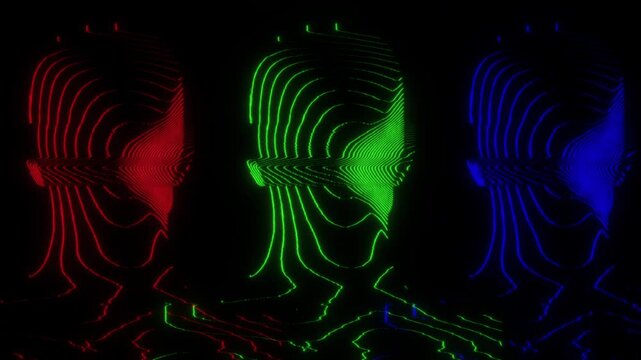 A looping sequence of a synthetic humanoid figure made of static and noise modulation in an RGB separation style.