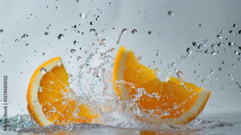 Poster slices of orange splashing in water, creating a refreshing and vibrant visual effect.