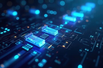 Fototapeta premium A Close-Up View of a Modern Digital Circuit Board with Illuminated Blue Components Reflecting Advanced Technology and Innovation in Electronics Design