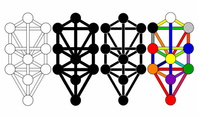 Vector illustration of the Kabbalistic Tree of Life in black, white, and color. Mystical, esoteric, and spiritual design, ideal for logos, posters, and symbolic art.