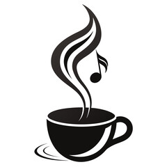 A modern, abstract composition where a coffee cup is surrounded by intricate, swirling steam patterns forming waves and loops silhouette vector art illustration  