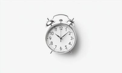 A classic silver alarm clock displaying 1010 against a minimalist white background, symbolizing time management and punctuality