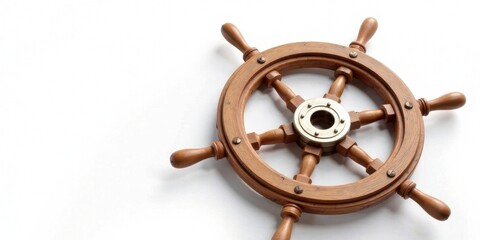 Fototapeta premium A classic wooden ship's wheel, meticulously crafted with eight spokes and a central brass hub, rests against a pristine white backdrop. Its rich, warm tones suggest age and seafaring adventures.