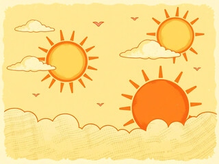 Fototapeta premium Warm Yellow And Orange Suns With Fluffy Clouds In A Pastel Sky Illustration