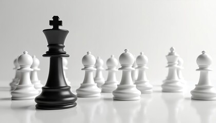 Black chess king stands ahead of white pawns against light background. Strategy, competition concept. Generative AI illustration of leadership power, success, intelligence, challenge, decision,
