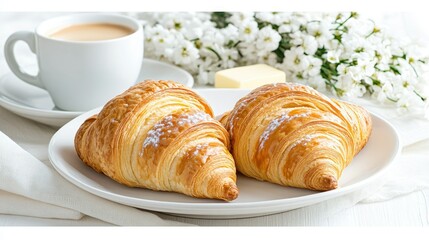 Freshly baked croissants served with coffee and butter beside delicate flowers on a bright morning table setting