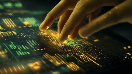 A finance professional using a data visualization tool, with subtle gold and green accents representing wealth