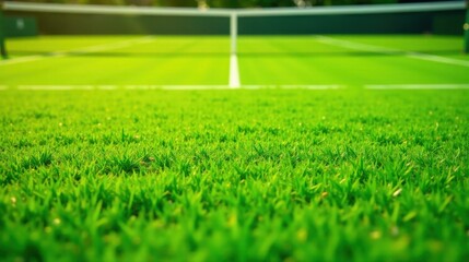 Vibrant Green Turf Close-Up of a Lush Athletic Field with a Blurred Tennis Court in the Background