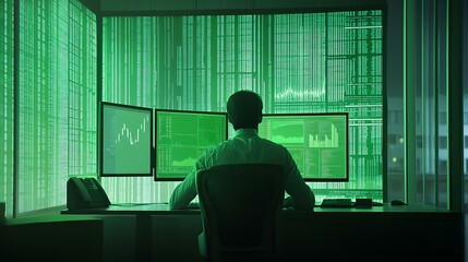 A finance strategist analyzing stock indexes on a large monitor with a subtle green hue representing prosperity