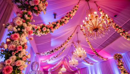 Obraz premium Elegant ballroom decorated with floral garlands and chandeliers, magical prom