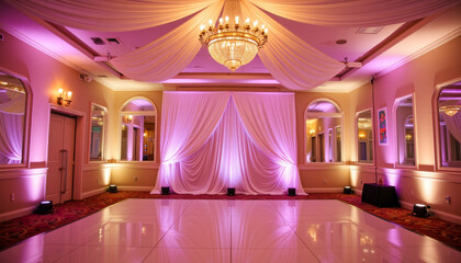 Elegant ballroom with chandelier and drapes for prom celebration