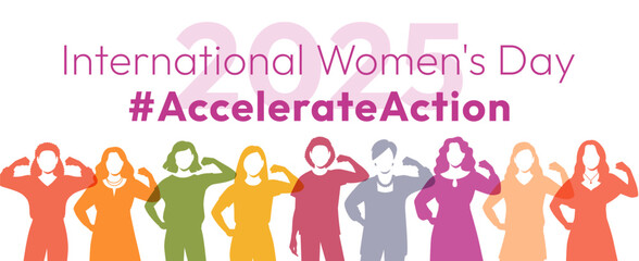 International Women's Day 2025. Accelerate Action campaign pose. Diverse women silhouettes demonstrate strong arm with clenched fist to show solidarity and support for women's rights, gender equality