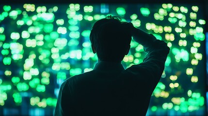 A financial analyst looking at a global stock market heatmap with small shamrocks subtly incorporated in the design